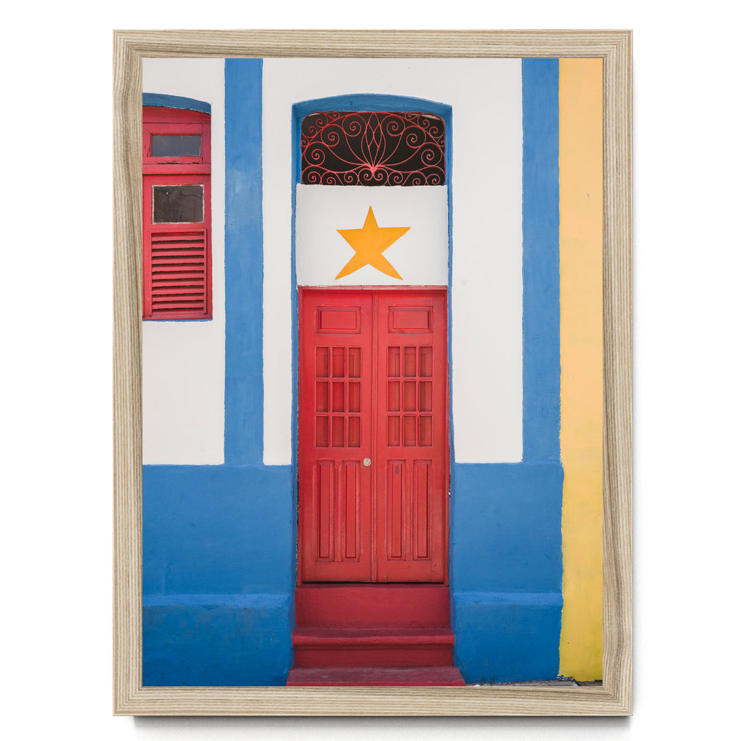 Red Door with Yellow Star, Olinda, Brazil print in a natural wood frame without mat