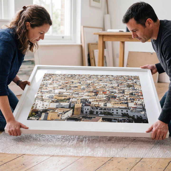 Medina of Rabat from Above, Morocco framed wall art in a cozy interior