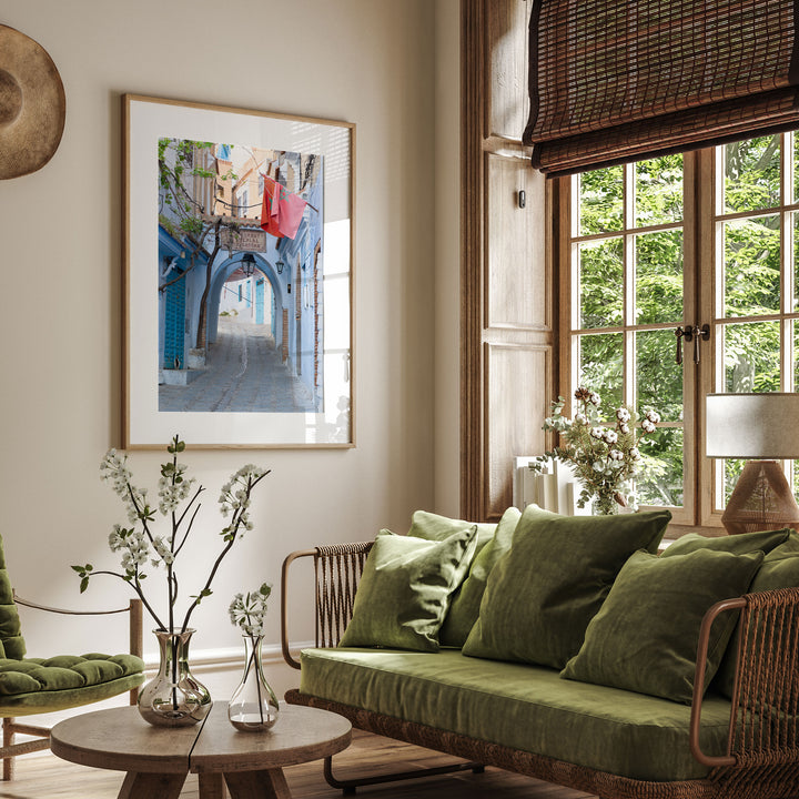 Moroccan Flag in the Blue City, Chefchaouen wall art displayed in a room setting