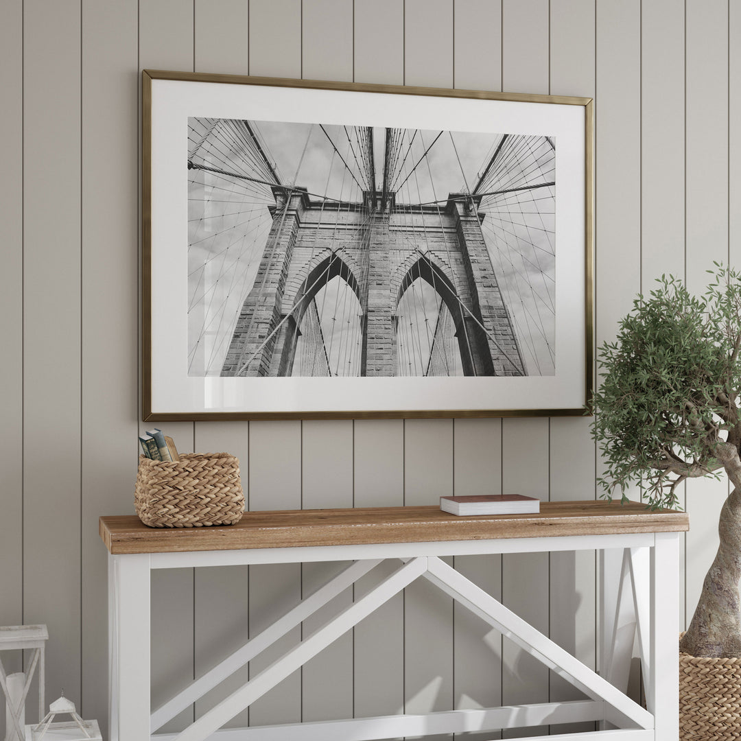 Brooklyn Bridge Tower, New York City – B&amp;W framed wall art in a home interior