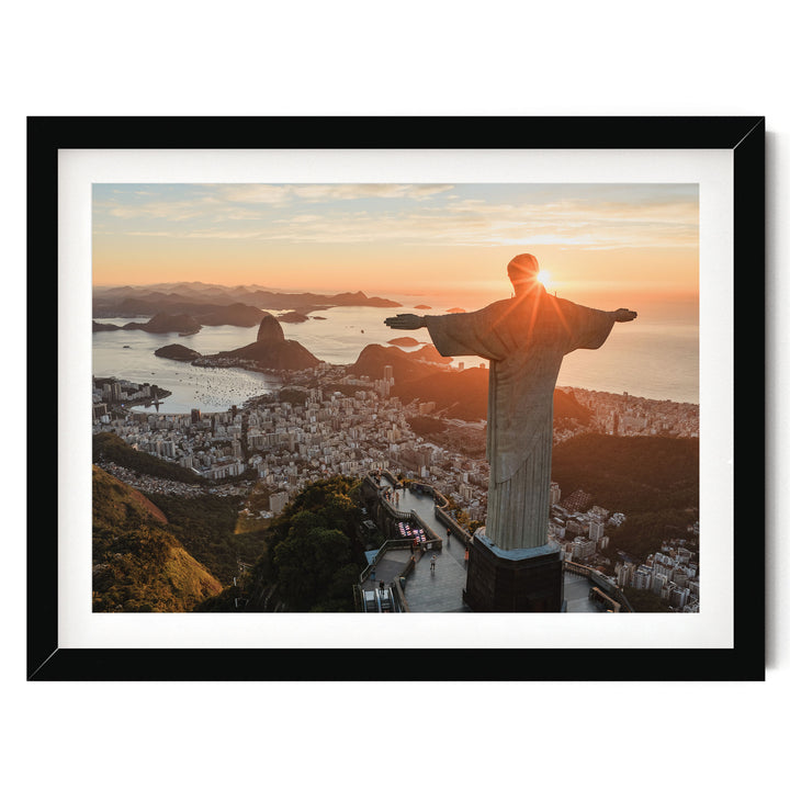 Christ the Redeemer at Sunrise, Rio de Janeiro, Brazil print in a black frame with white mat