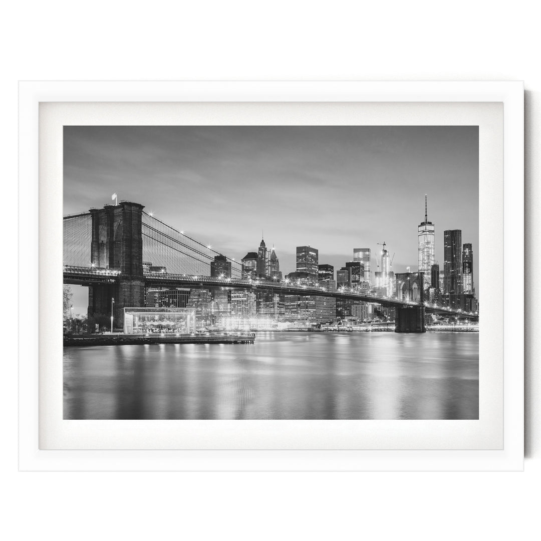 Brooklyn Bridge and Skyline at Dusk, New York City – B&amp;W print in a white frame with white mat