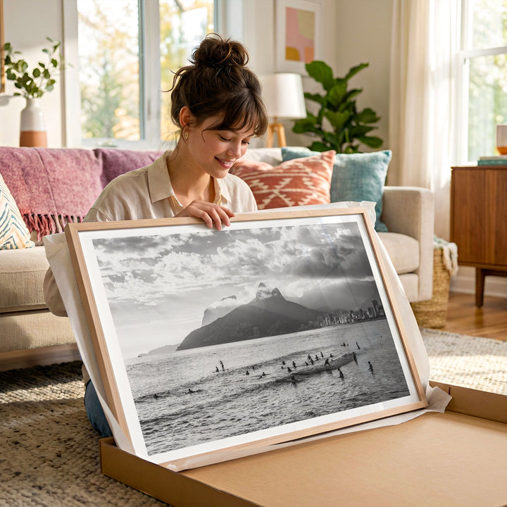 Sunlight over Ipanema, Rio de Janeiro, Brazil – B&amp;W framed photography print in a lifestyle setting