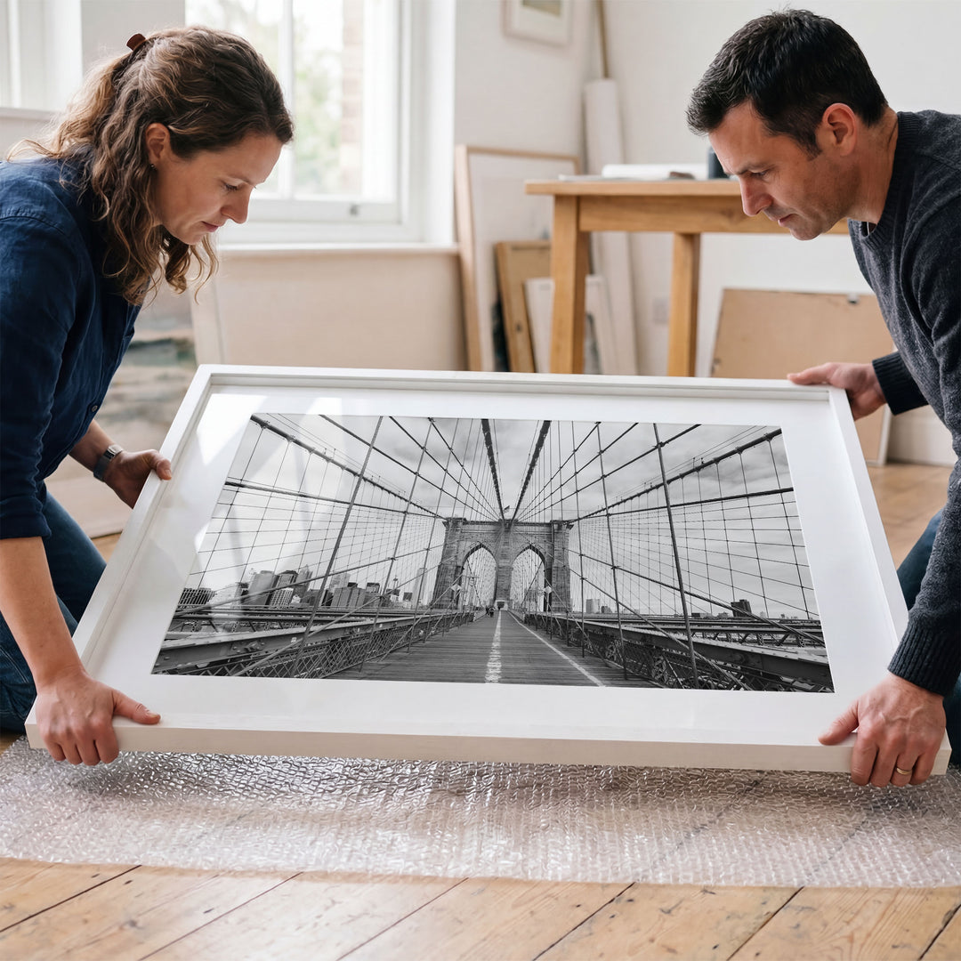 Brooklyn Bridge Walkway, New York City – B&amp;W framed wall art in a cozy interior