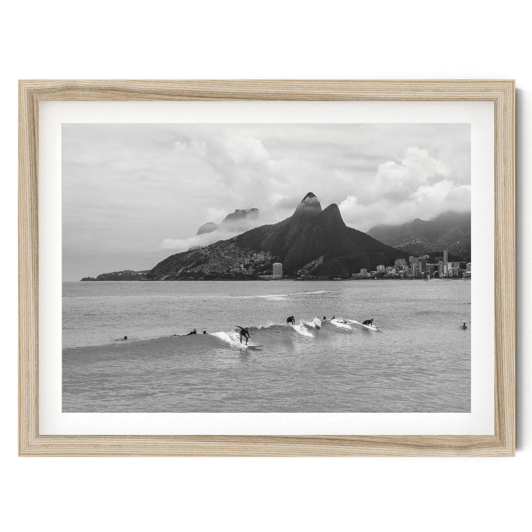 Surfers at Ipanema, Rio de Janeiro, Brazil – B&W fine art print in a natural wood frame with white mat