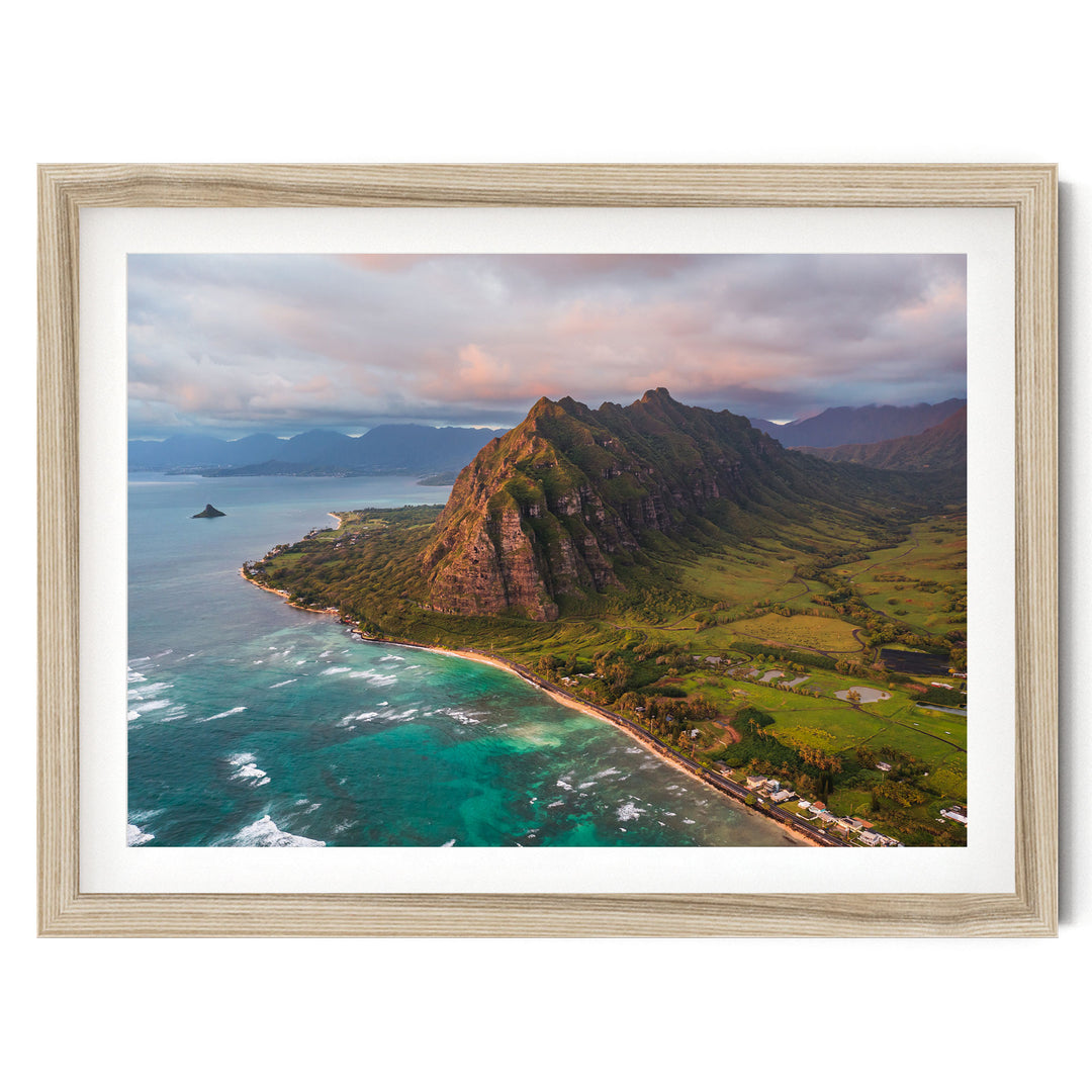 Oahu Sunrise I, Hawaii fine art print in a natural wood frame with white mat