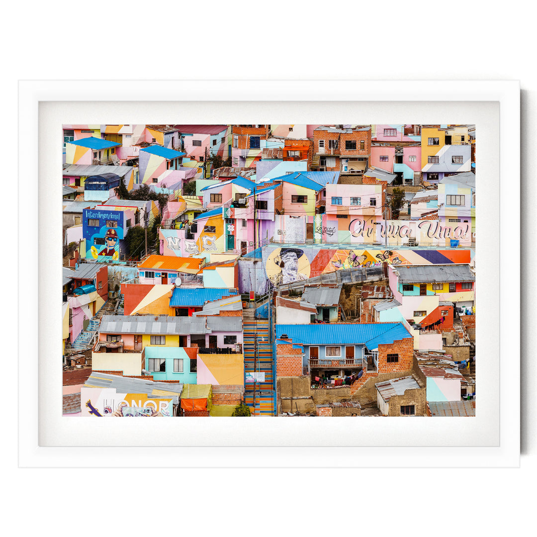 Colorful Hillside Houses, La Paz, Bolivia print in a white frame with white mat