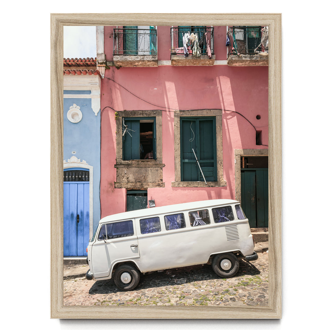 White Kombi Van, Pelourinho, Salvador, Brazil print in a natural wood frame without mat