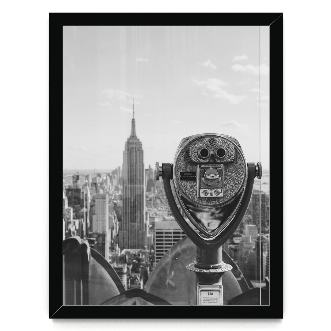 Binoculars and Empire State Building, New York City – B&amp;W print in a black frame without mat
