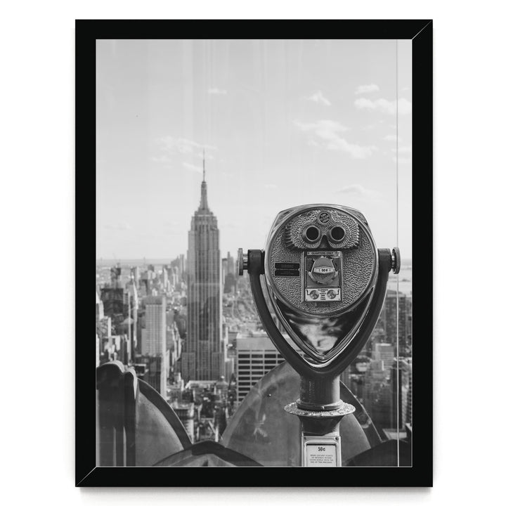 Binoculars and Empire State Building, New York City – B&amp;W print in a black frame without mat