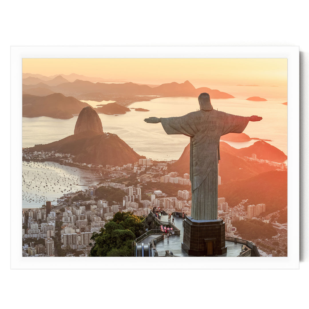 Christ the Redeemer at Golden Hour, Rio de Janeiro, Brazil print in a white frame without mat