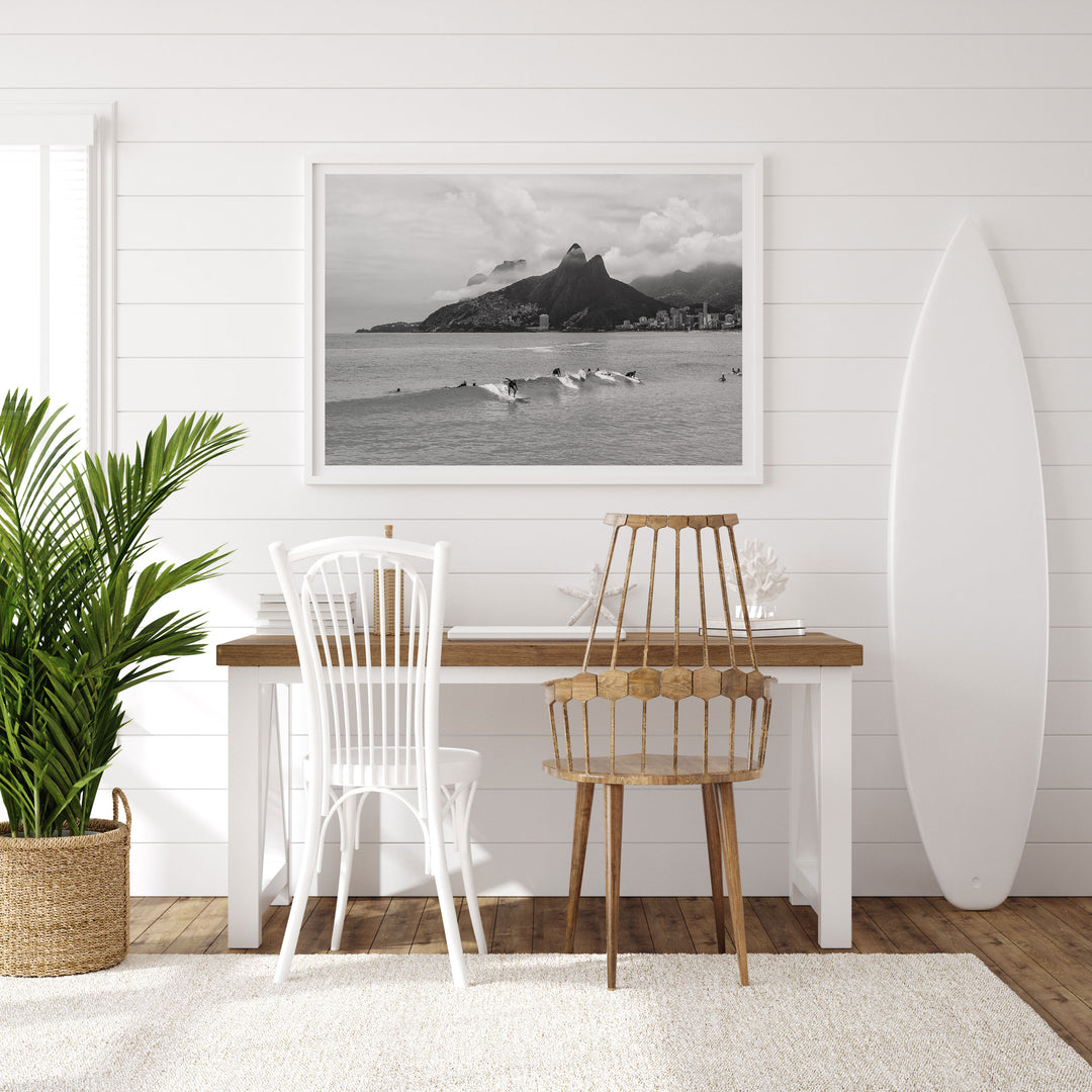 Surfers at Ipanema, Rio de Janeiro, Brazil – B&amp;W framed wall art in a home interior