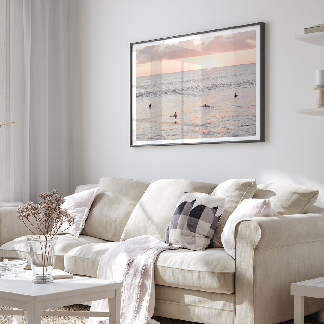 Surfers Waiting at Sunset, Costa Rica framed print in a living room setting