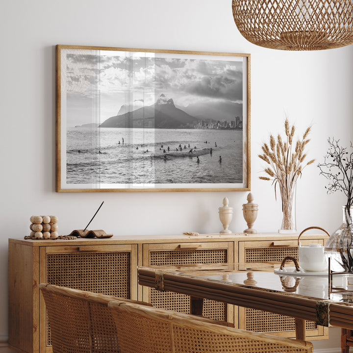 Sunlight over Ipanema, Rio de Janeiro, Brazil – B&amp;W framed print hanging in a styled interior