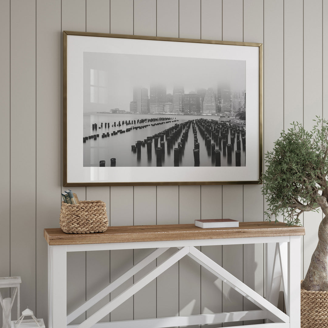 Foggy Manhattan Skyline, New York City – B&amp;W framed wall art in a home interior