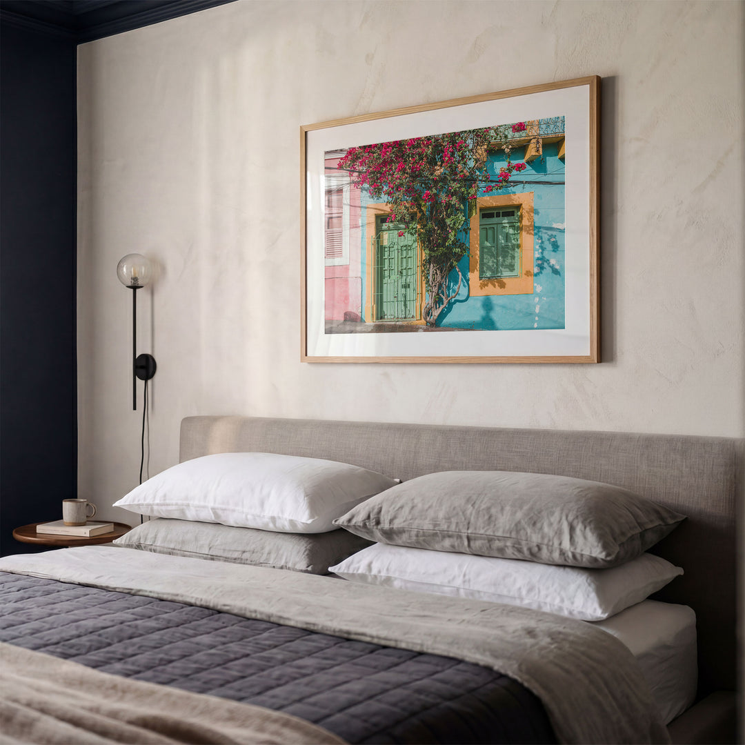 Bougainvillea and Green Door II, Olinda, Brazil framed print styled on the wall