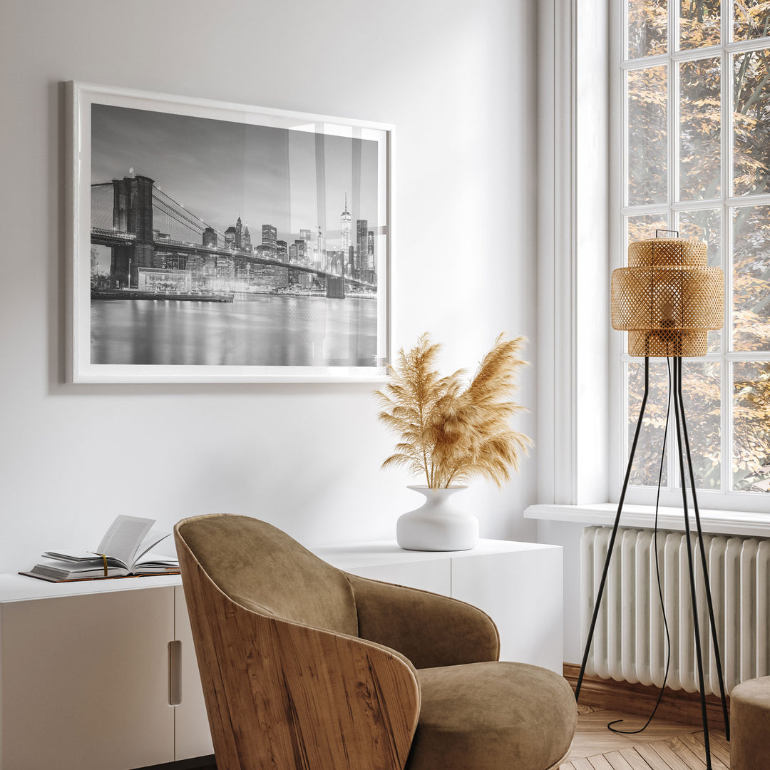 Brooklyn Bridge and Skyline at Dusk, New York City – B&amp;W wall art displayed in a room setting