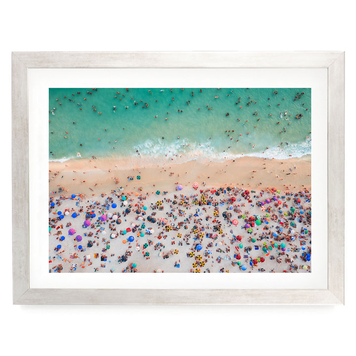 Beach Umbrellas from Above, Ipanema, Rio de Janeiro, Brazil print in a silver frame with white mat