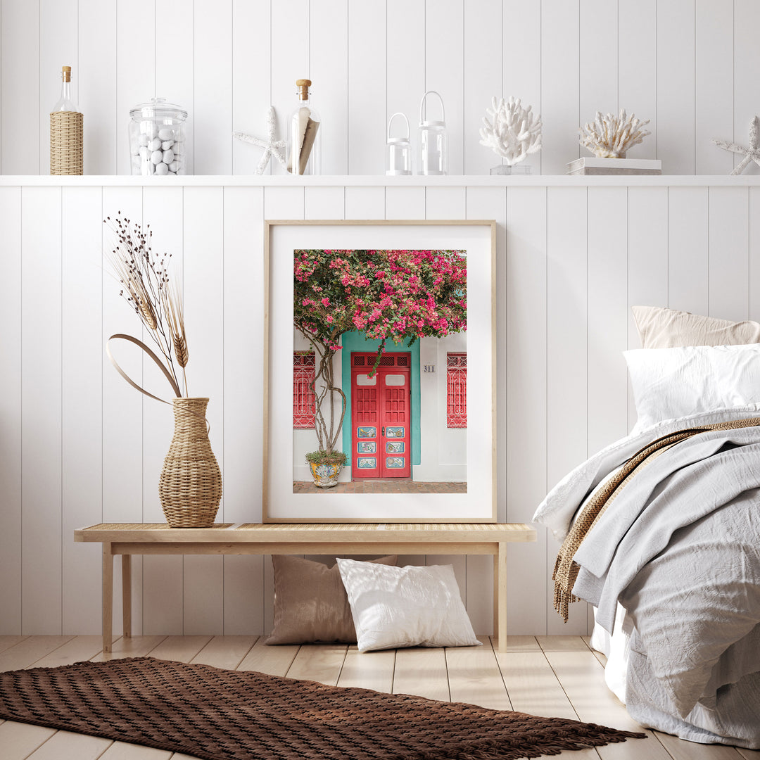 Bougainvillea and Red Door, Olinda, Brazil framed wall art in a home interior