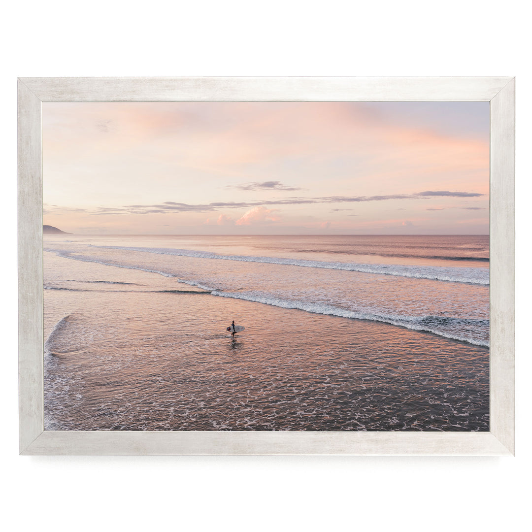 Lone Surfer on a Pink Beach II, Costa Rica print in a silver frame without mat