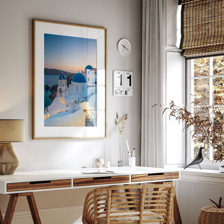 Iconic Santorini III, Oia, Greece wall art displayed in a room setting