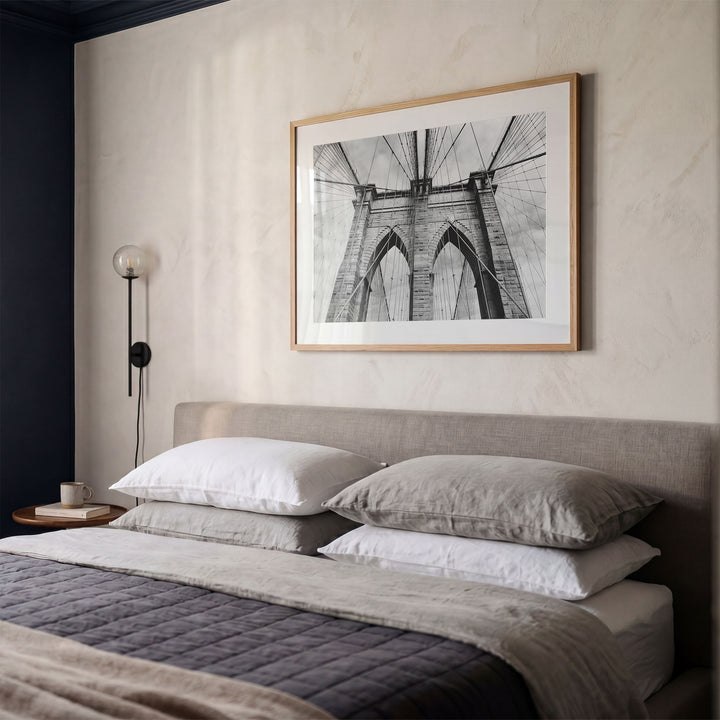 Brooklyn Bridge Tower, New York City – B&amp;W framed print styled on the wall