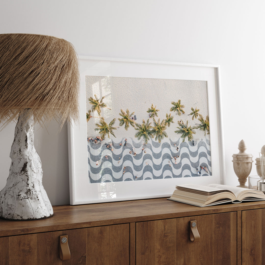 Copacabana Promenade from Above, Rio de Janeiro, Brazil framed wall art in a home interior