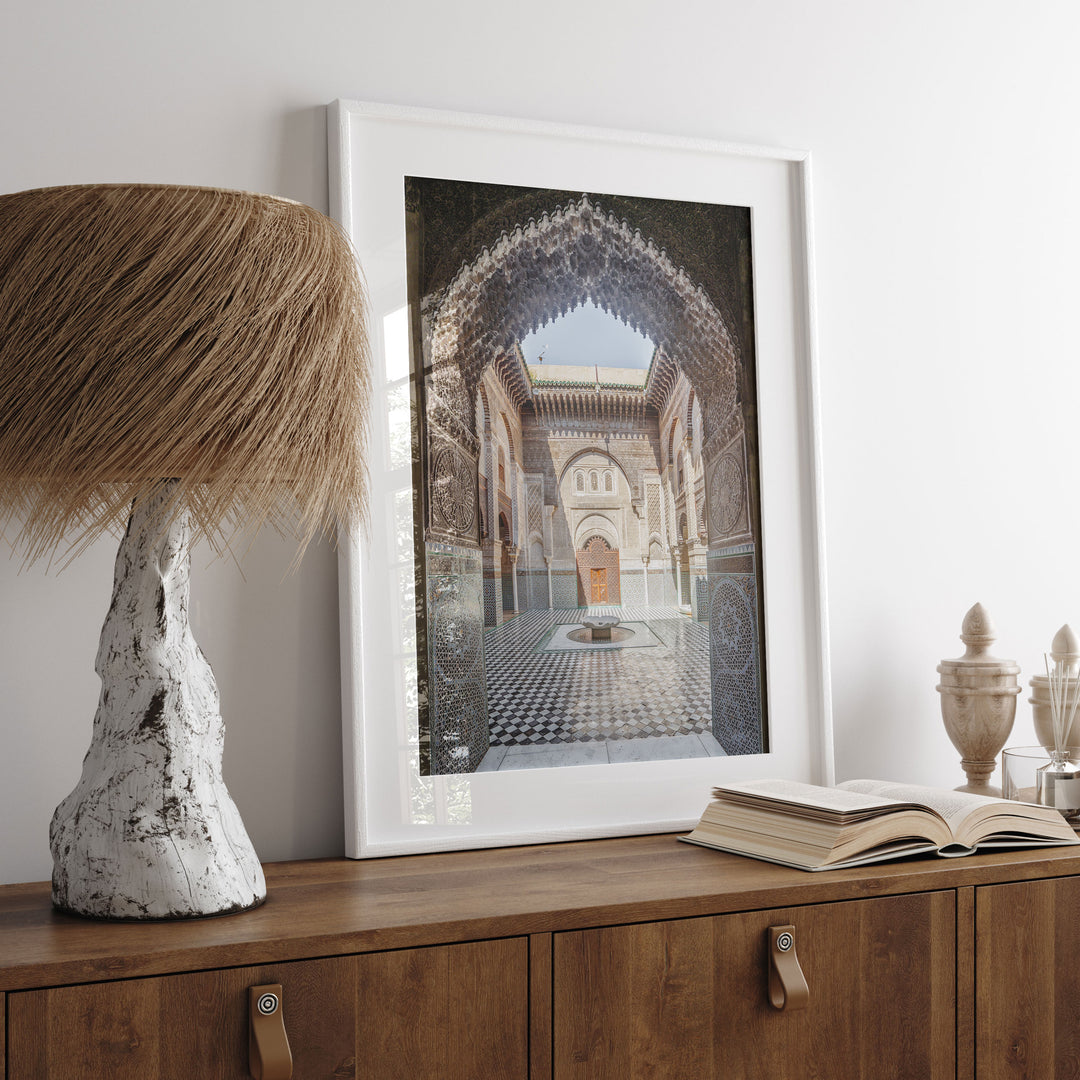 Ornate Madrasa Archway, Fes, Morocco print displayed in a bedroom setting