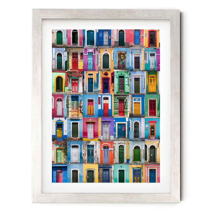 Colorful Doors of Brazil III print in a silver frame with white mat