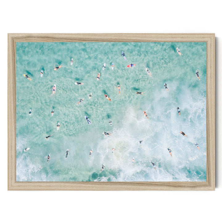 Bondi Beach surfers print in a natural wood frame, no mat