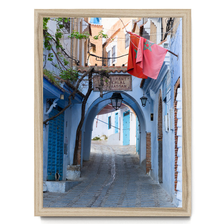 Moroccan Flag in the Blue City, Chefchaouen print in a natural wood frame without mat