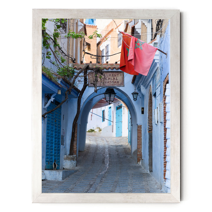 Moroccan Flag in the Blue City, Chefchaouen print in a silver frame without mat
