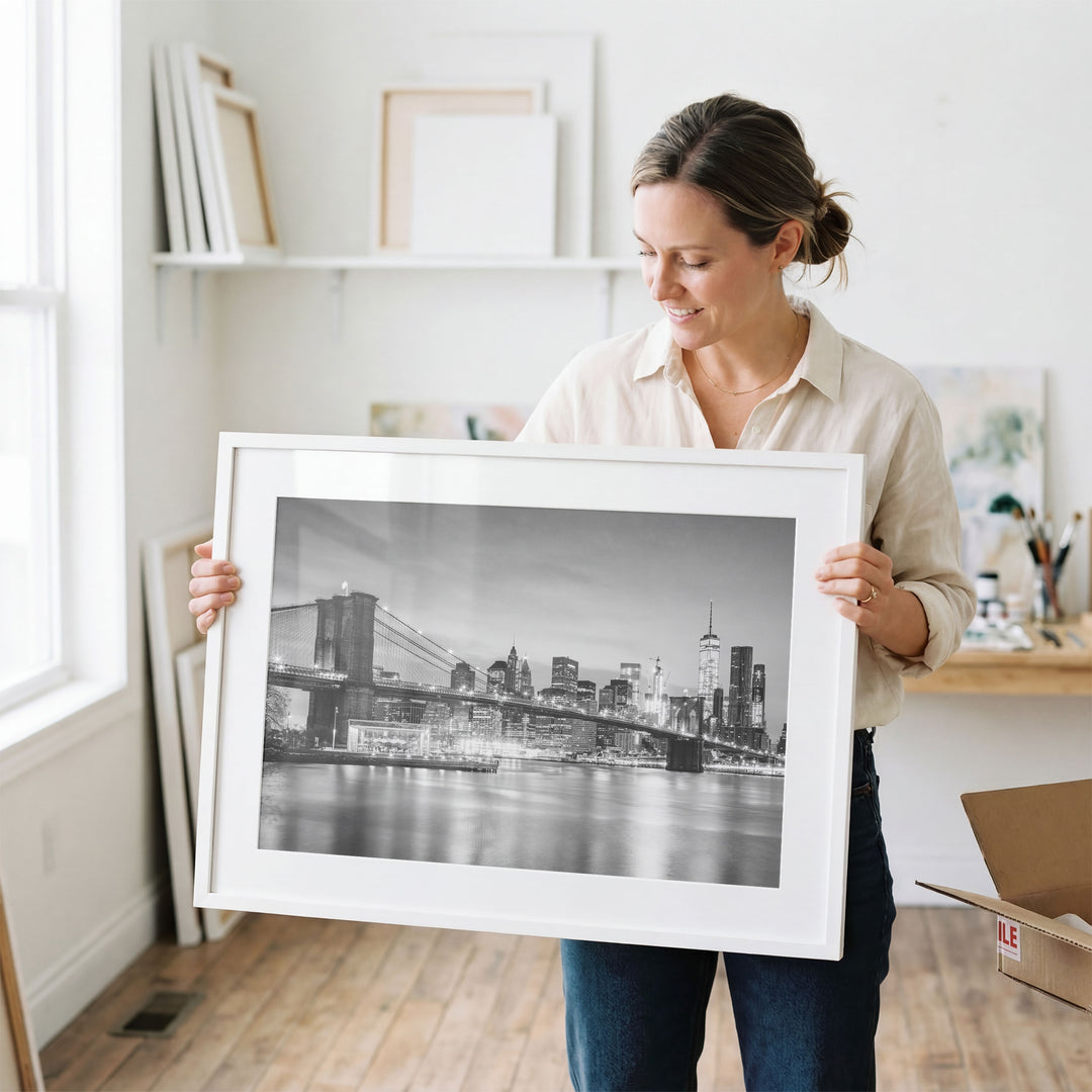 Brooklyn Bridge and Skyline at Dusk, New York City – B&amp;W wall art in a contemporary home
