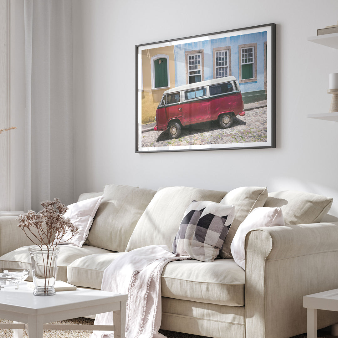 Red Kombi Van, Pelourinho, Salvador, Brazil framed print in a living room setting
