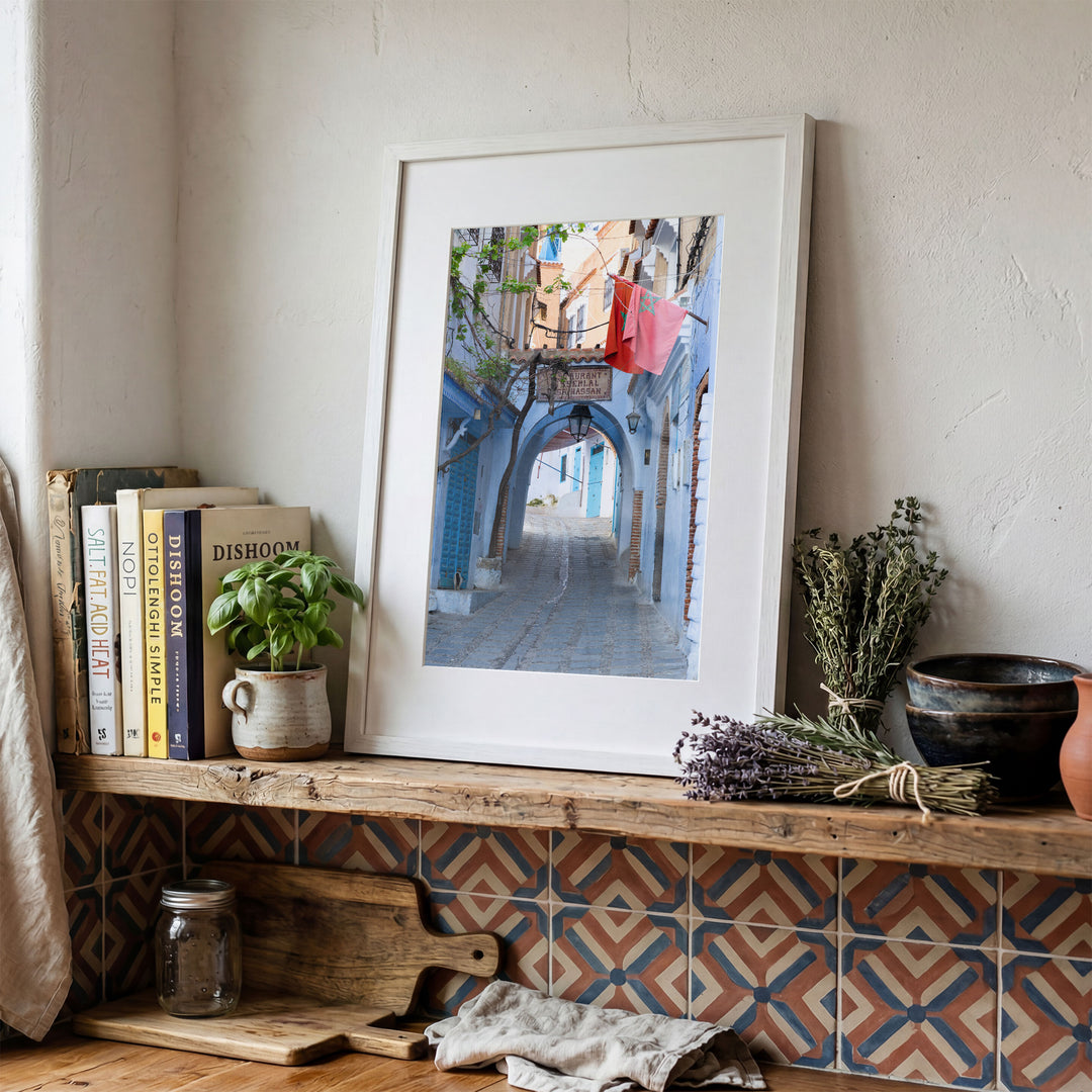 Moroccan Flag in the Blue City, Chefchaouen framed print in a decorated room