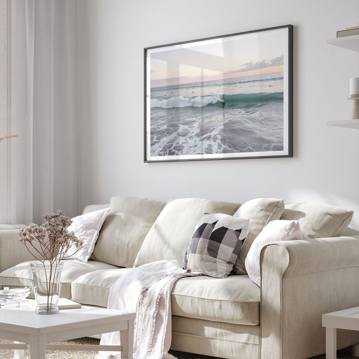Riding the Wave at Sunset II, Costa Rica framed print in a living room setting