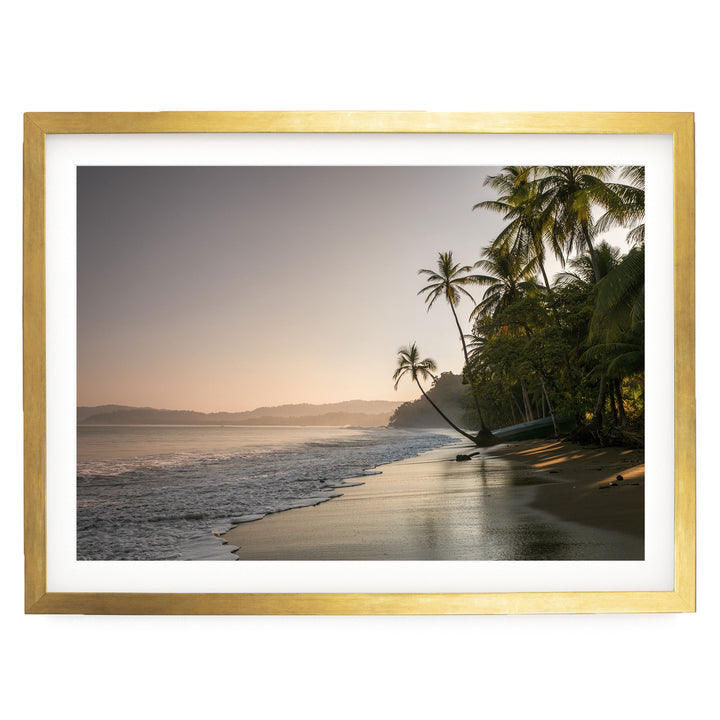 Palm Beach at Dawn, Drake Bay, Costa Rica print in a gold frame with white mat
