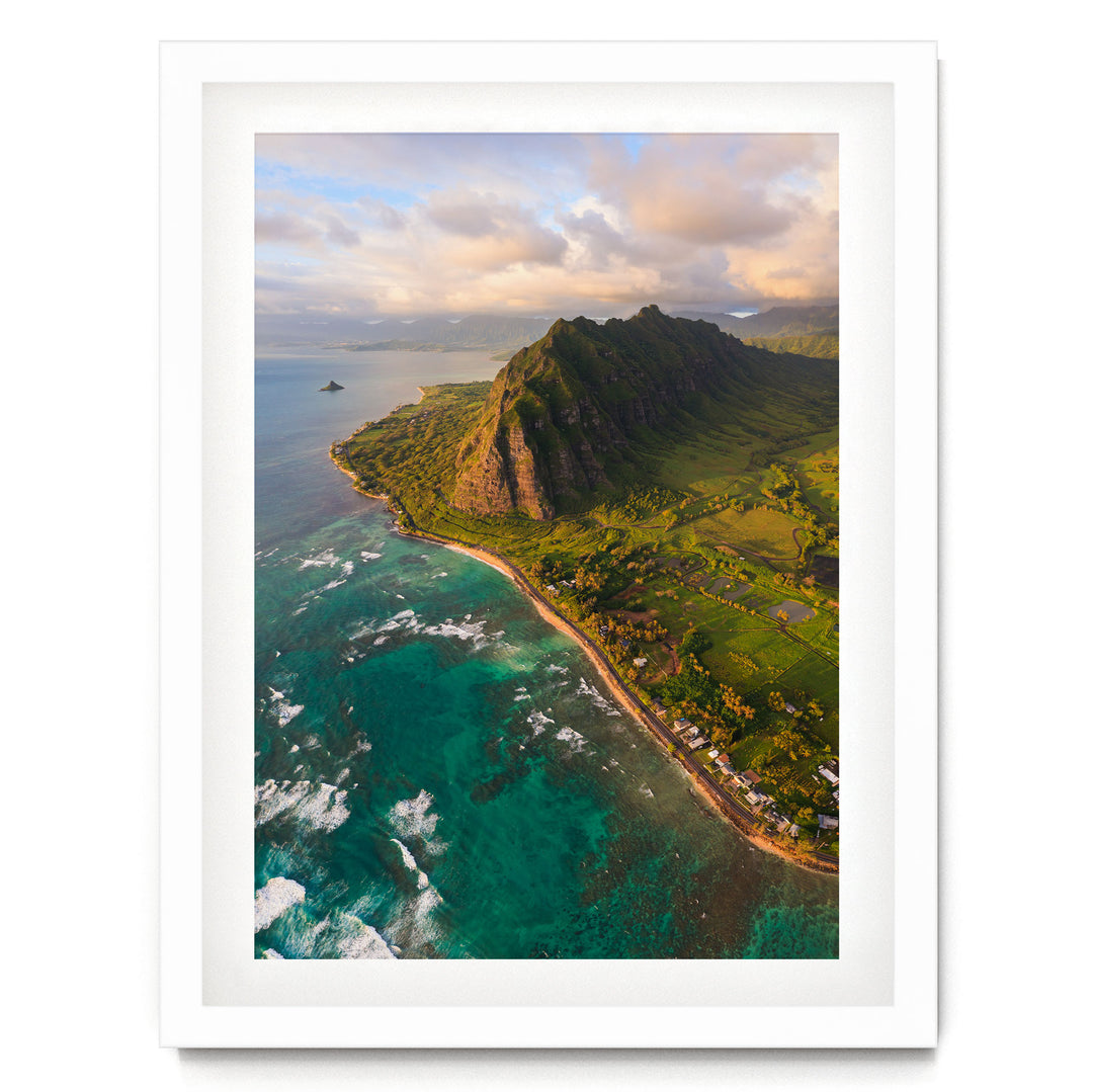 Oahu Sunrise II, Hawaii print in a white frame with white mat