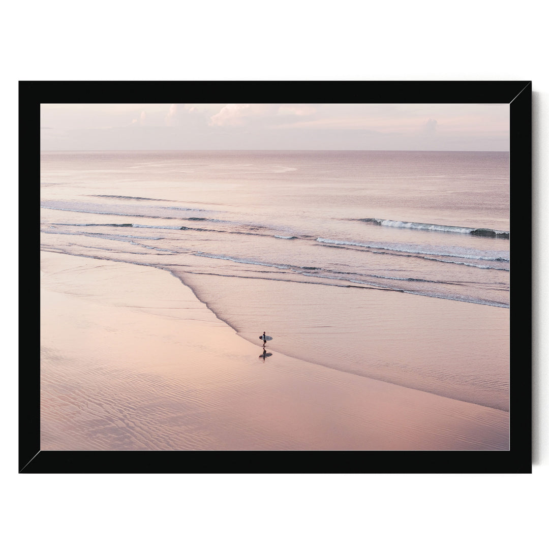 Lone Surfer on a Pink Beach I, Costa Rica print in a black frame without mat