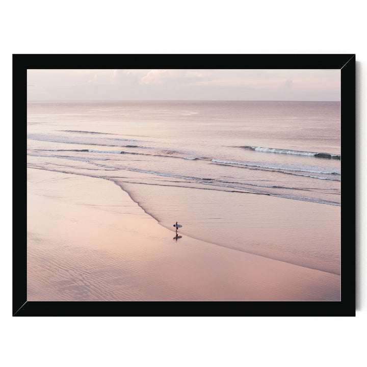 Lone Surfer on a Pink Beach I, Costa Rica print in a black frame without mat