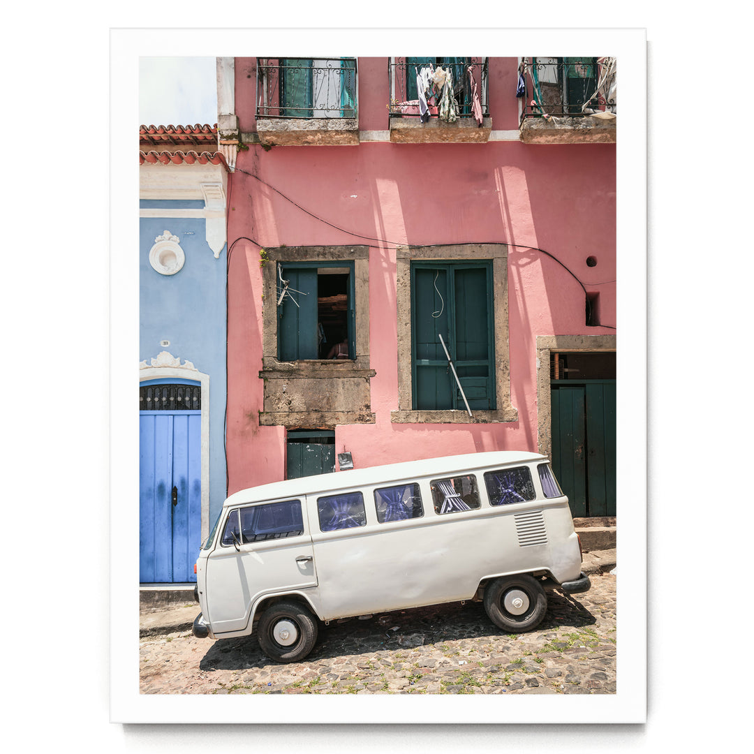 White Kombi Van, Pelourinho, Salvador, Brazil print in a white frame without mat
