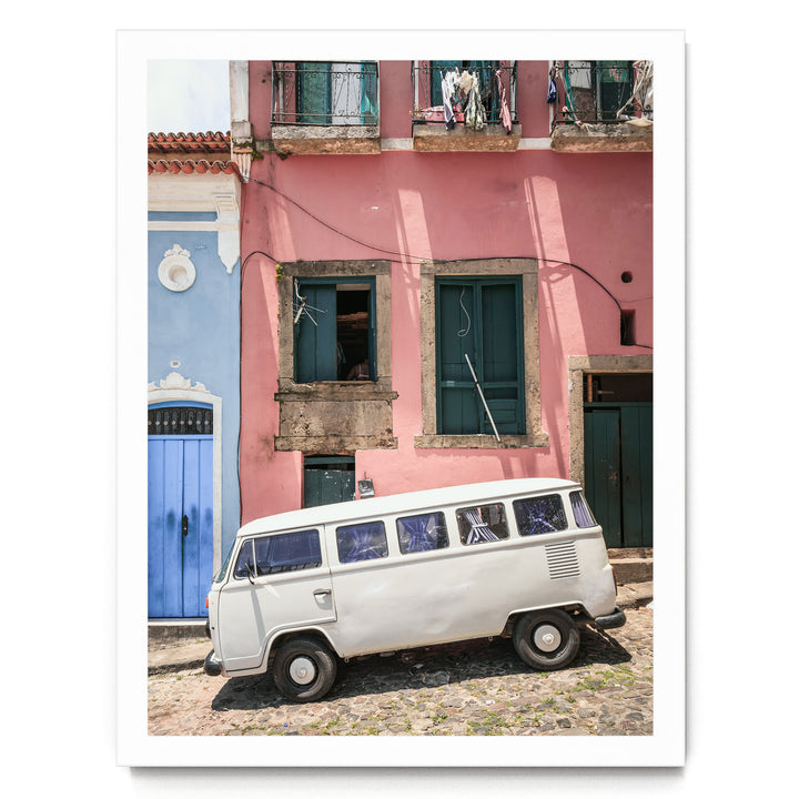 White Kombi Van, Pelourinho, Salvador, Brazil print in a white frame without mat