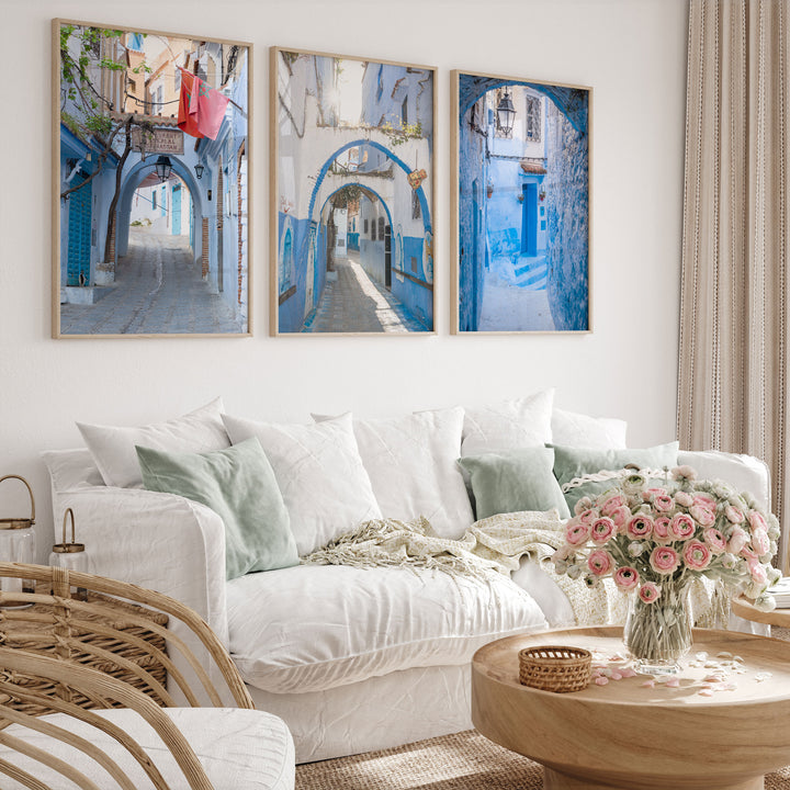 Blue City of Chefchaouen, Morocco print set of 3 framed prints in a bedroom setting