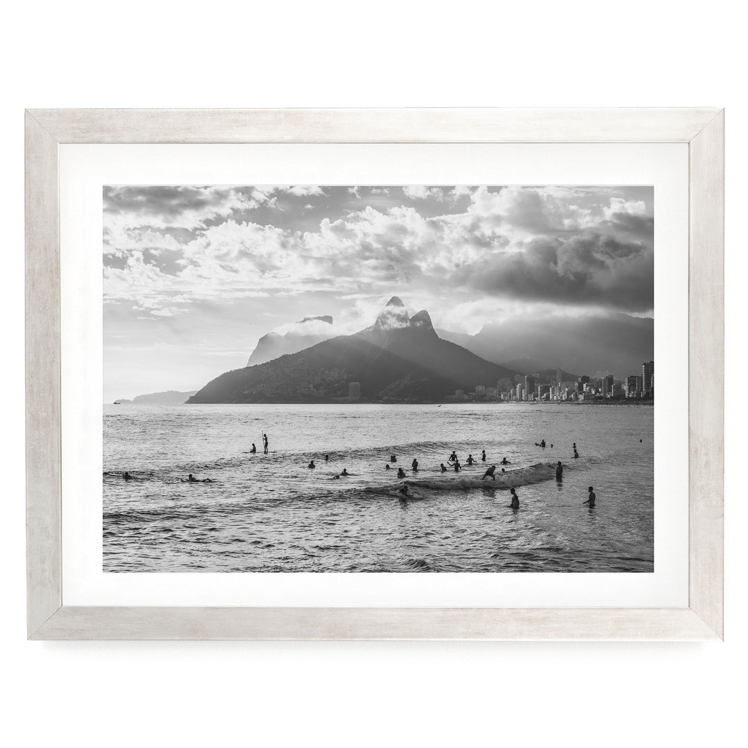 Sunlight over Ipanema, Rio de Janeiro, Brazil – B&amp;W print in a silver frame with white mat