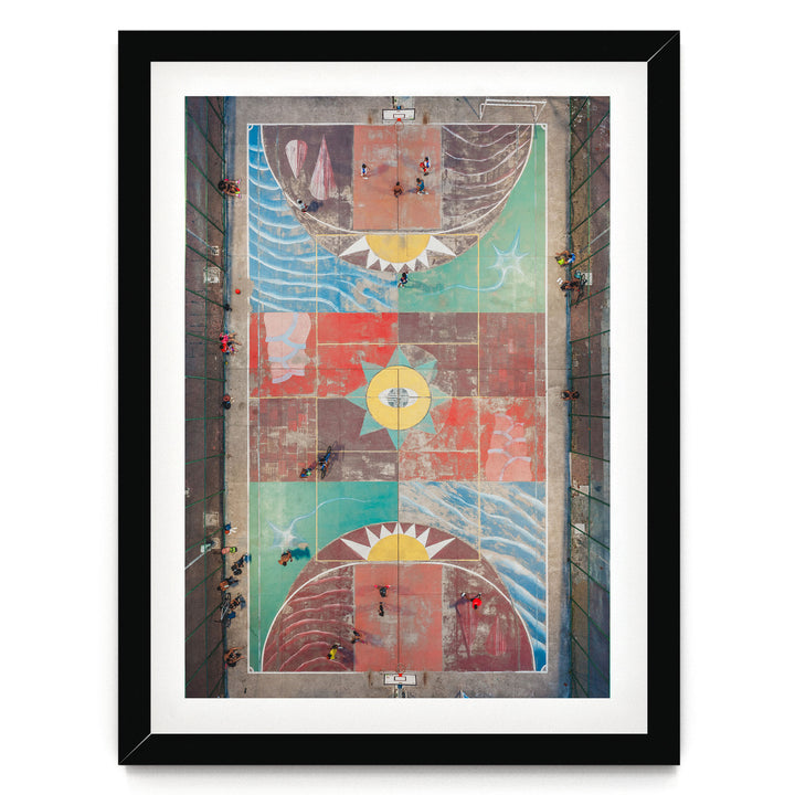 Painted Basketball Court from Above, Brazil print in a black frame with white mat