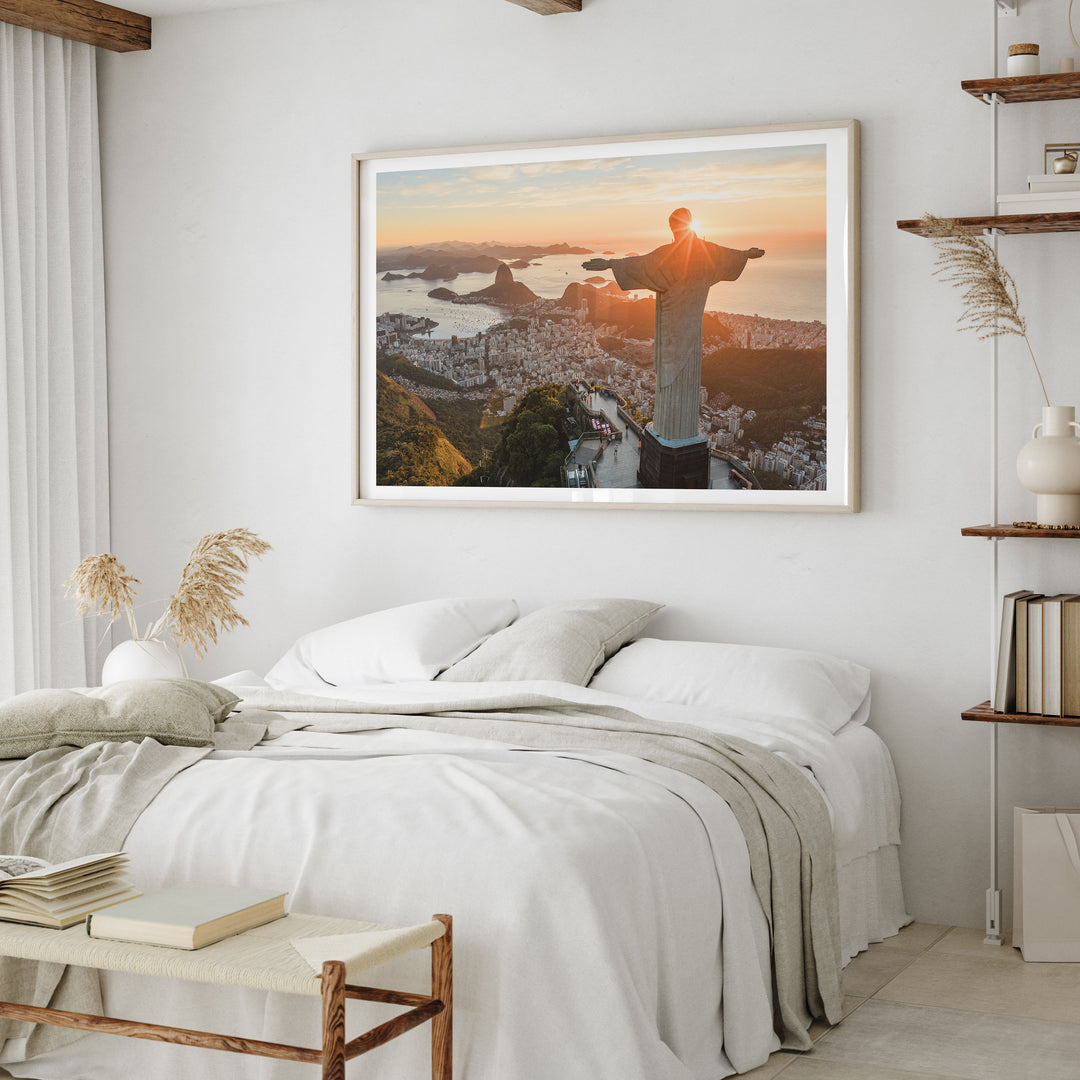 Christ the Redeemer at Sunrise, Rio de Janeiro, Brazil framed wall art in a home interior