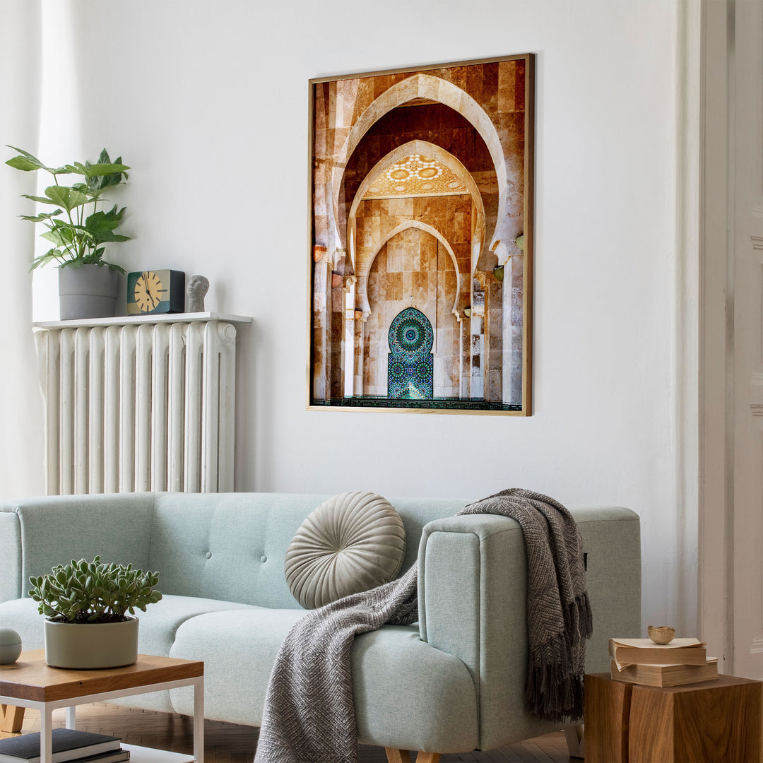 Mosaic Archway, Hassan II Mosque, Casablanca wall art mockup in an interior
