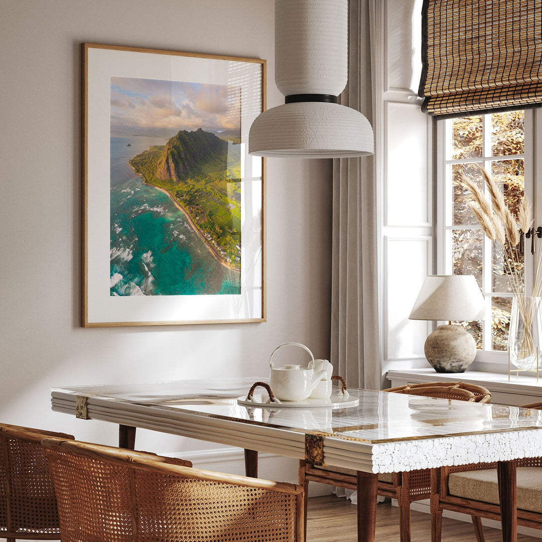 Oahu Sunrise II, Hawaii framed wall art in a home interior