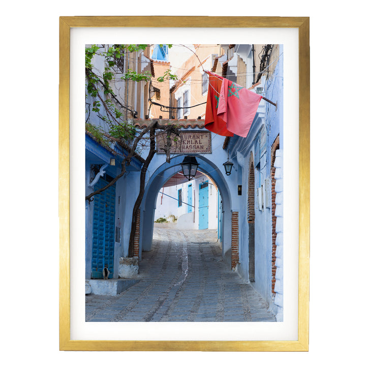 Moroccan Flag in the Blue City, Chefchaouen print in a gold frame with white mat