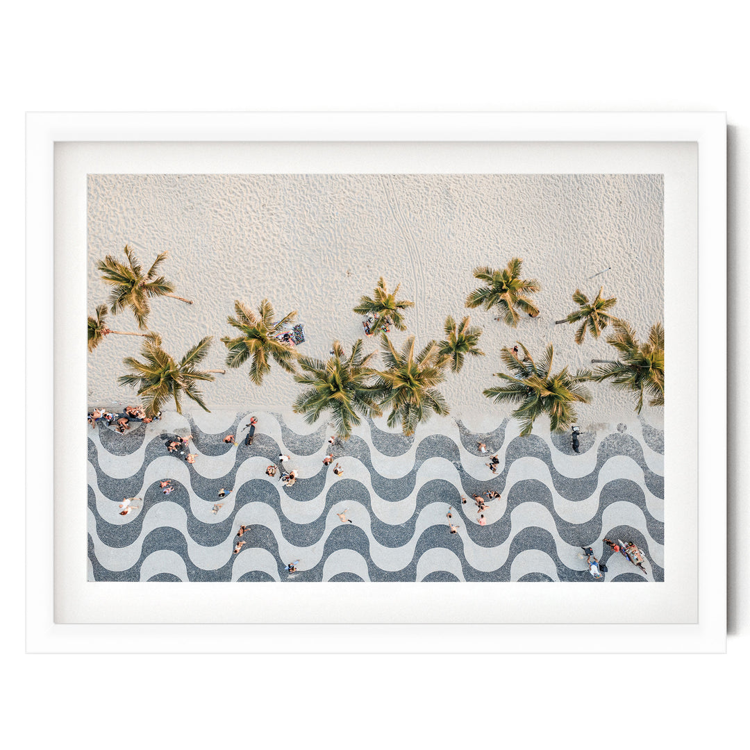 Copacabana Promenade from Above, Rio de Janeiro, Brazil print in a white frame with white mat